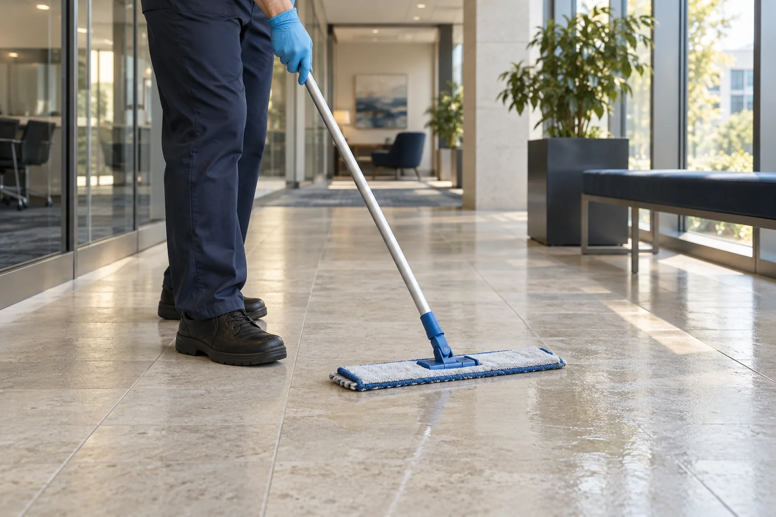 A cleaner carefully mopping the stone floor of an office lobby
