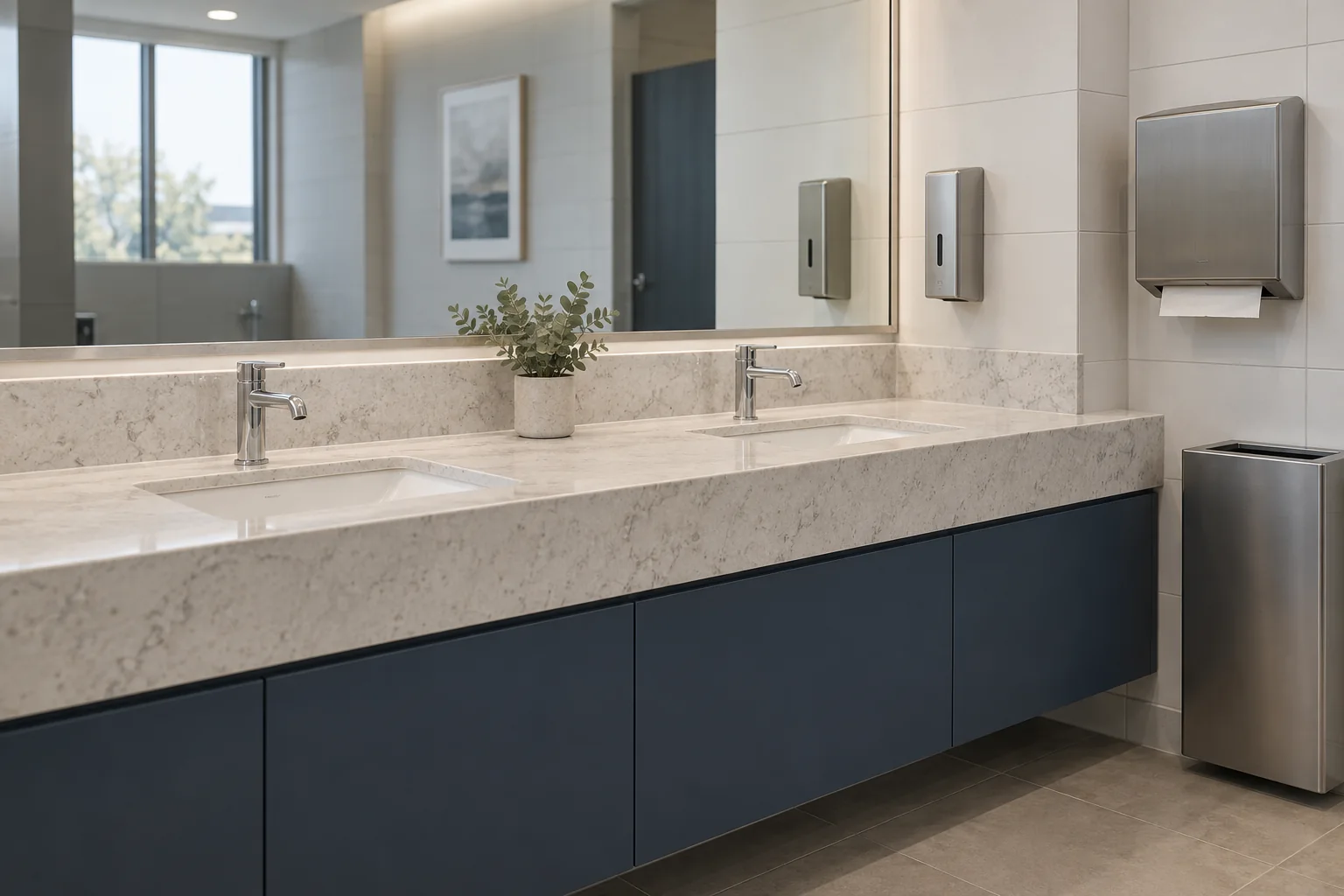 A clean commercial restroom vanity with soap and paper towel dispensers